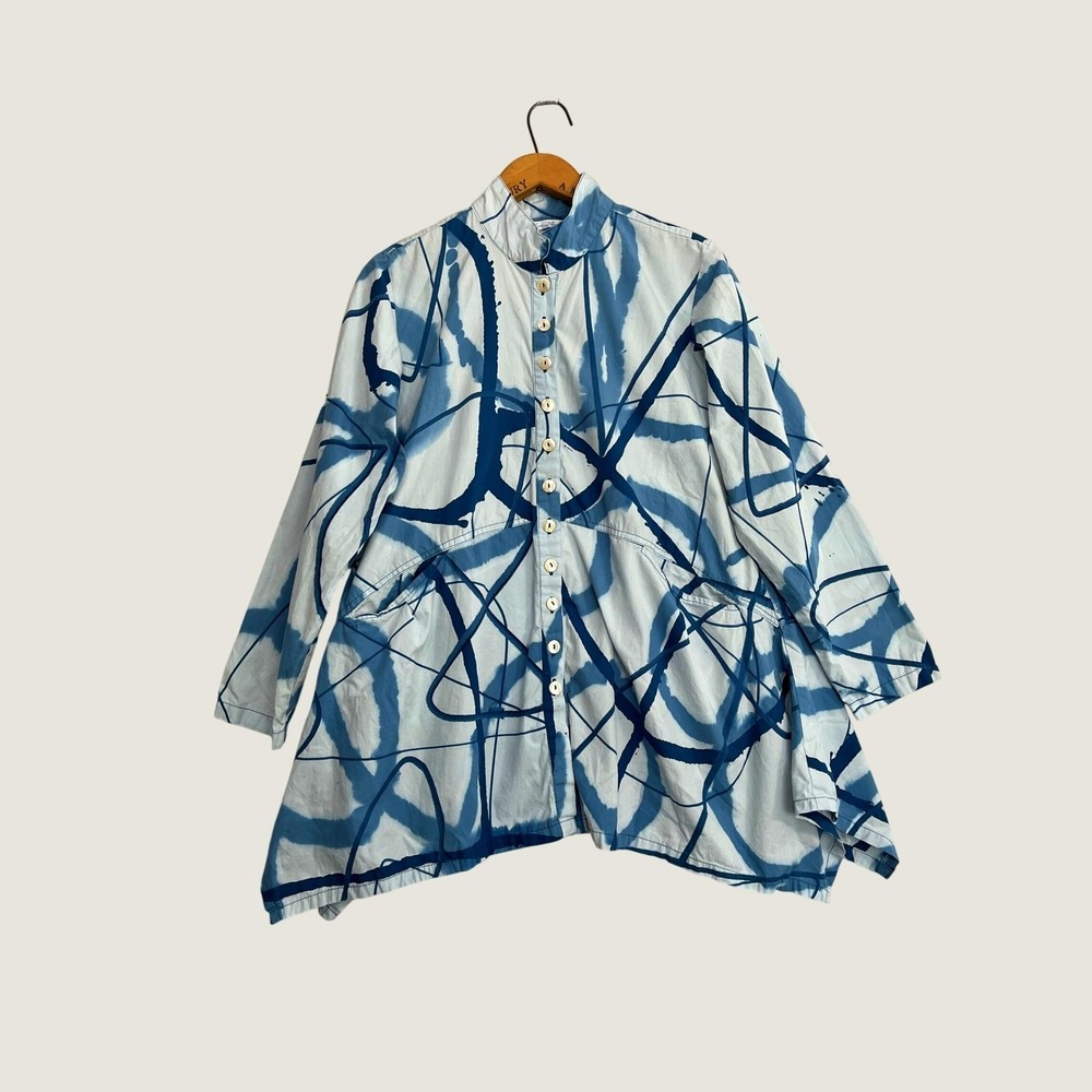 Blue Sky Clothing Co Art to Wear Cotton Abstract Batik Tunic Shirt Blue Large